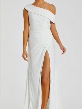 Ienna for Mac Duggal White Foldover Off-the-Shoulder Slit Gown